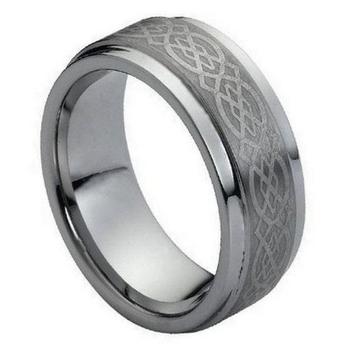 Brushed Center Laser Engraved Celtic Pattern - 9mm Band